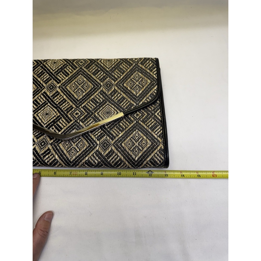 Poppie Jones Woven Rattan Black /Tan/ Purse Bag Clutch Silver Chain Snap Closure - Picture 11 of 12